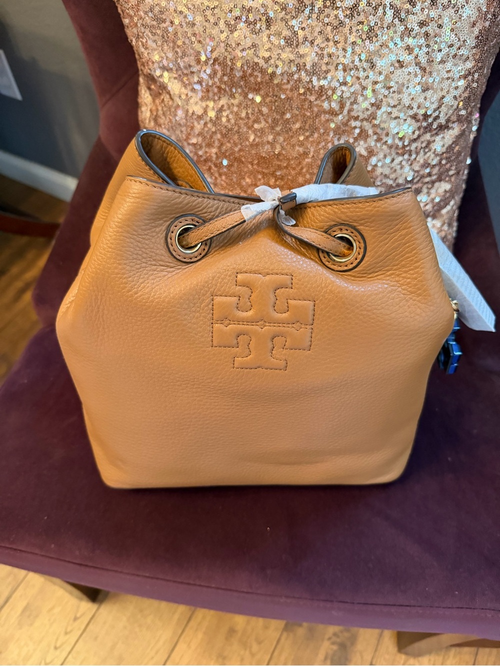 Tory Burch Camel Pebbled Leather Drawstring Bucket Bag